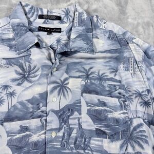 Tommy Hilfiger Mens Tropical Hawaiian Button Up Shirt XL Blue Palm rayon Surfing